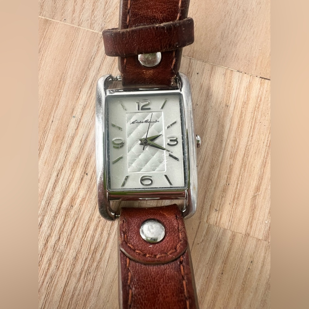 Eddie Bauer ladies rectangular brown leather watch NEW BATTERY